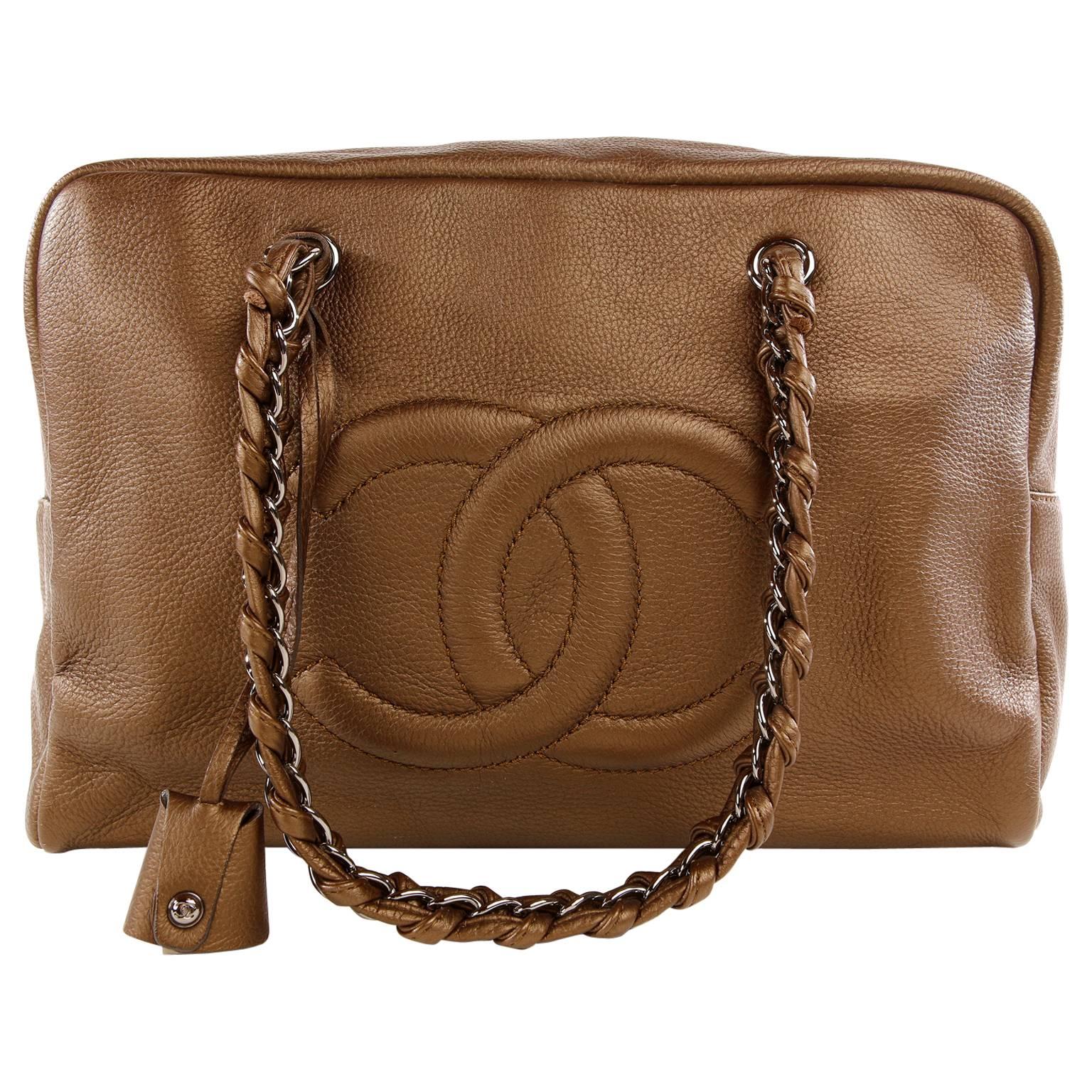 Chanel Bronze Leather Large Bowler Tote Bag For Sale
