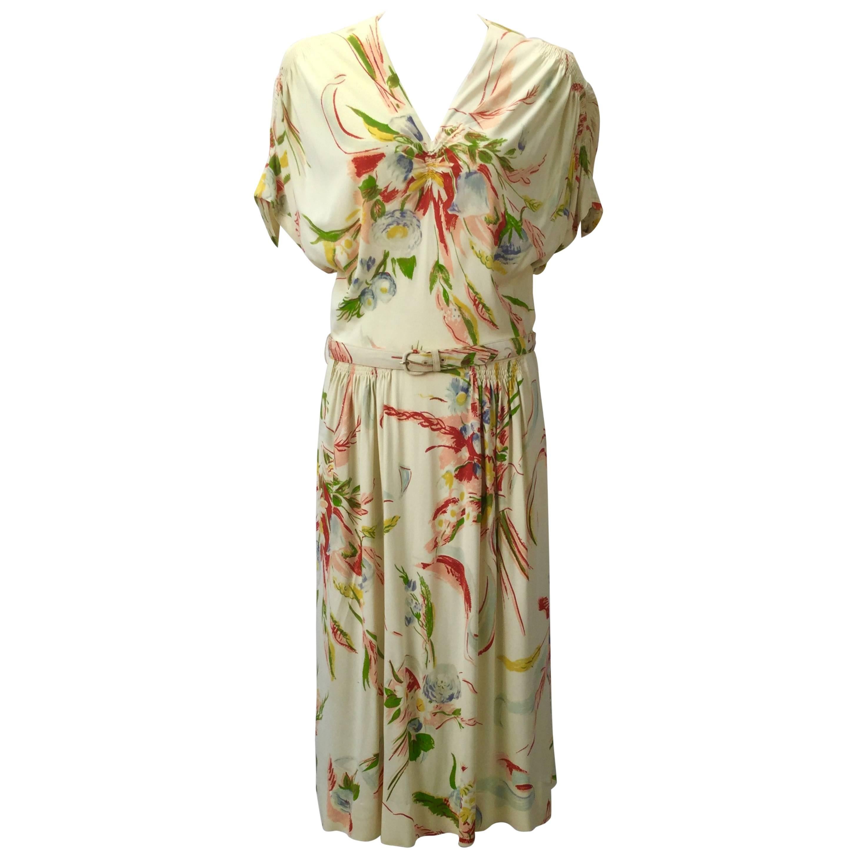 1930s Silk Jersey Knit Floral Print Day Dress