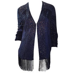 Magnifique cardigan vintage bleu marine en soie perlée et frangée avec perles de verre