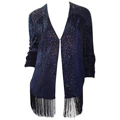 Beautiful Vintage Navy Blue Glass Beaded Silk Fringed Cardigan Jacket Top 4