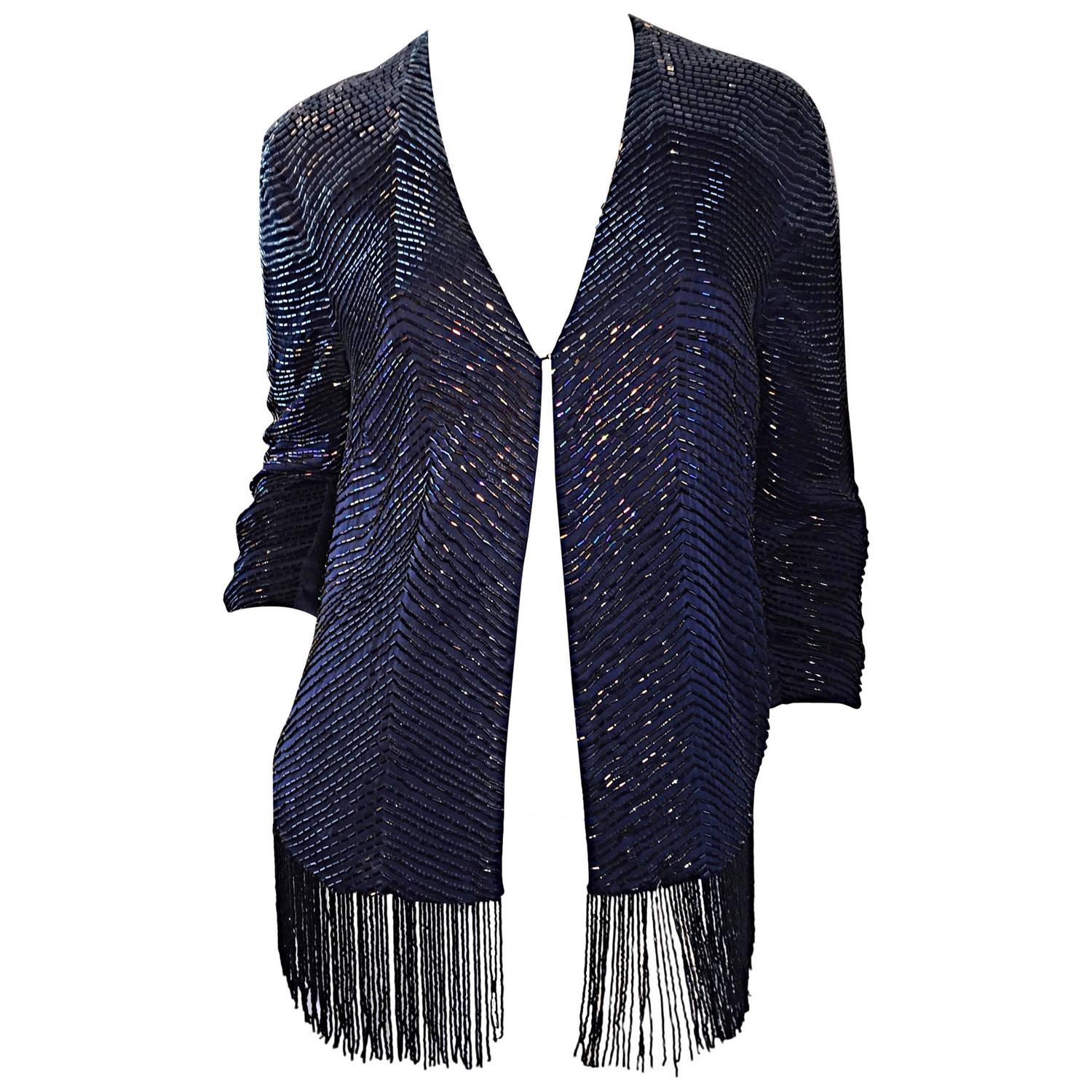 Beautiful Vintage Navy Blue Glass Beaded Silk Fringed Cardigan Jacket