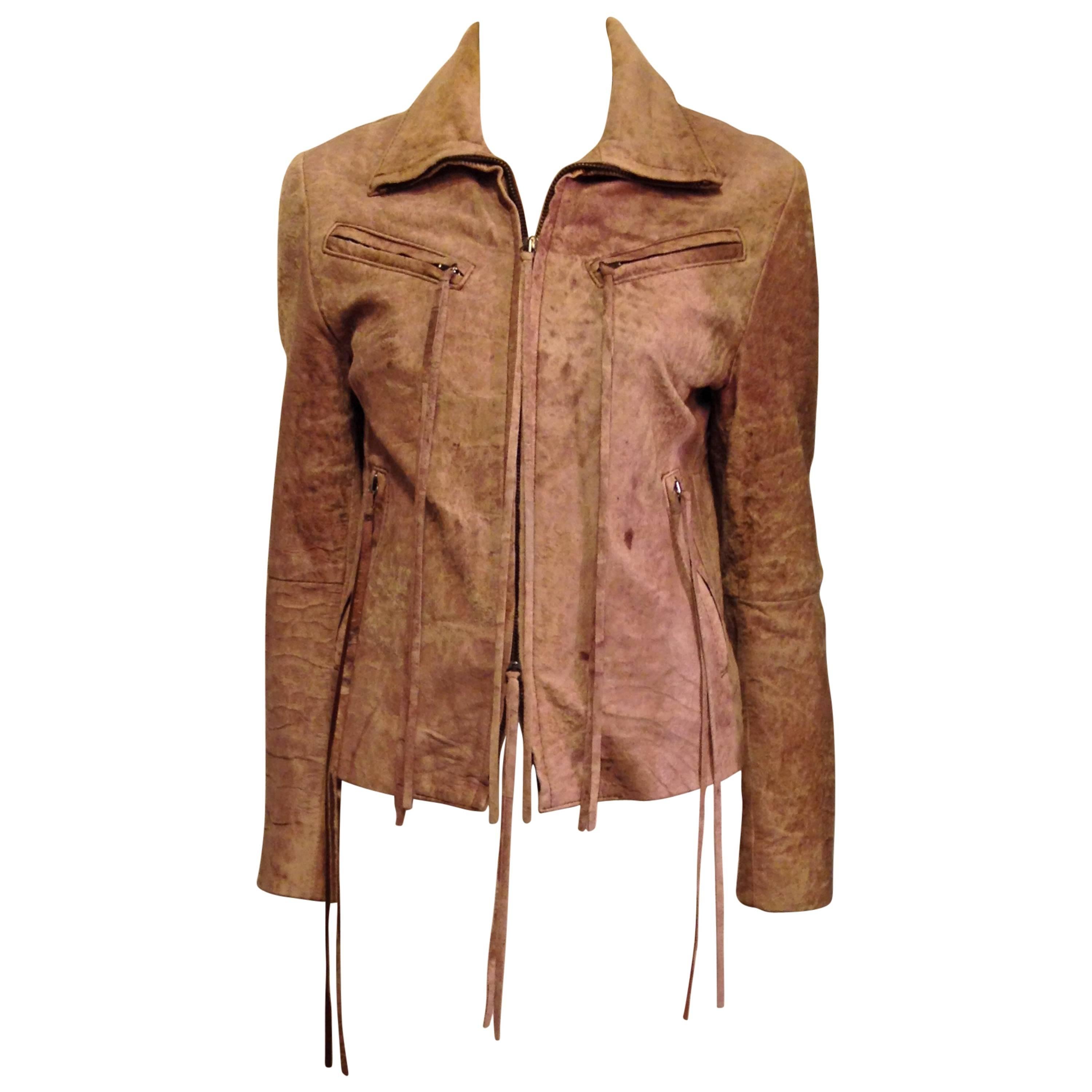Ann Demeulemeester Brown Distressed Leather Jacket For Sale