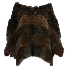 New Etro Knitted Mink Poncho Cape with Leather Mink Roses
