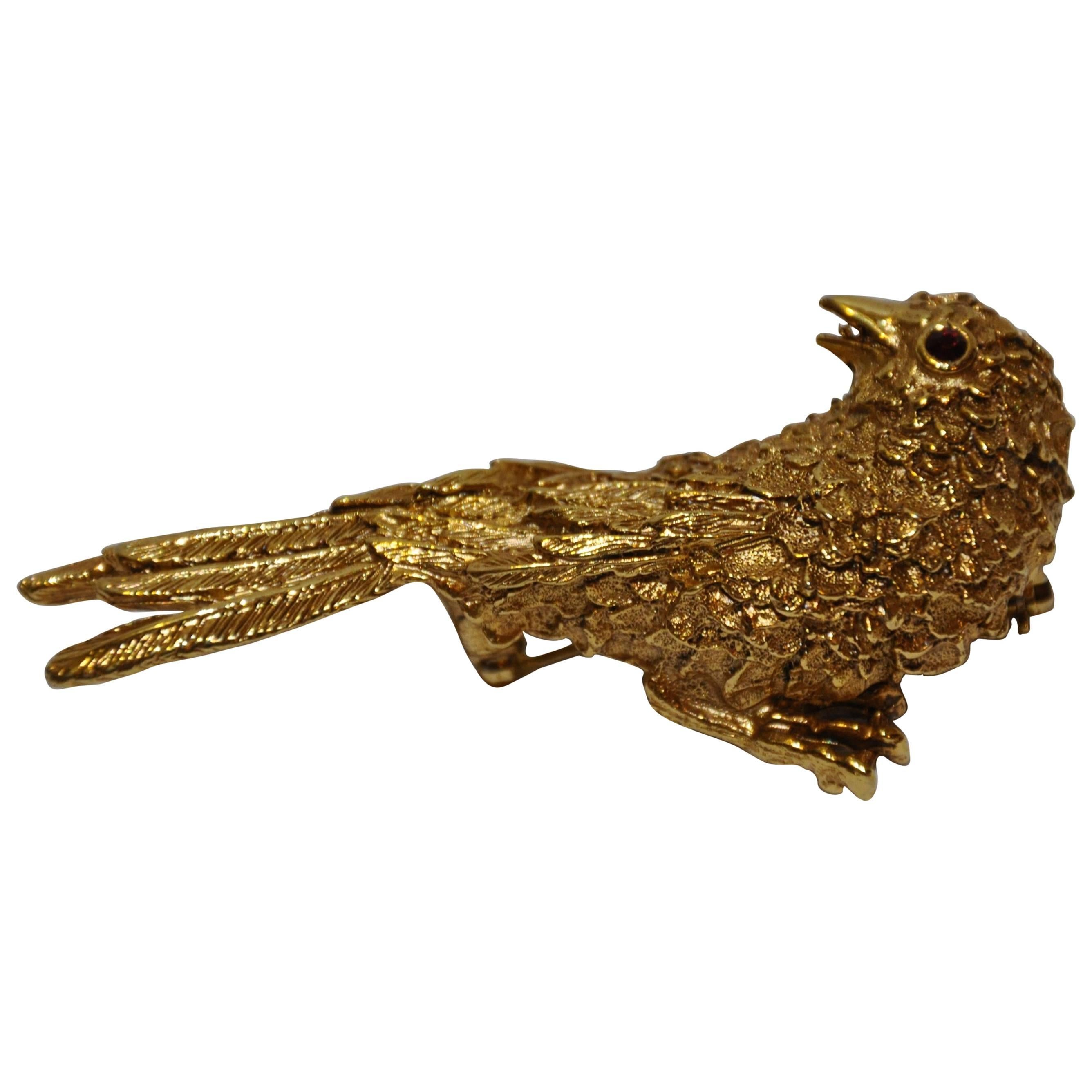 Huge Detailed Gilded Gold Tone "Birdie" Brooch by E. Pearl For Sale