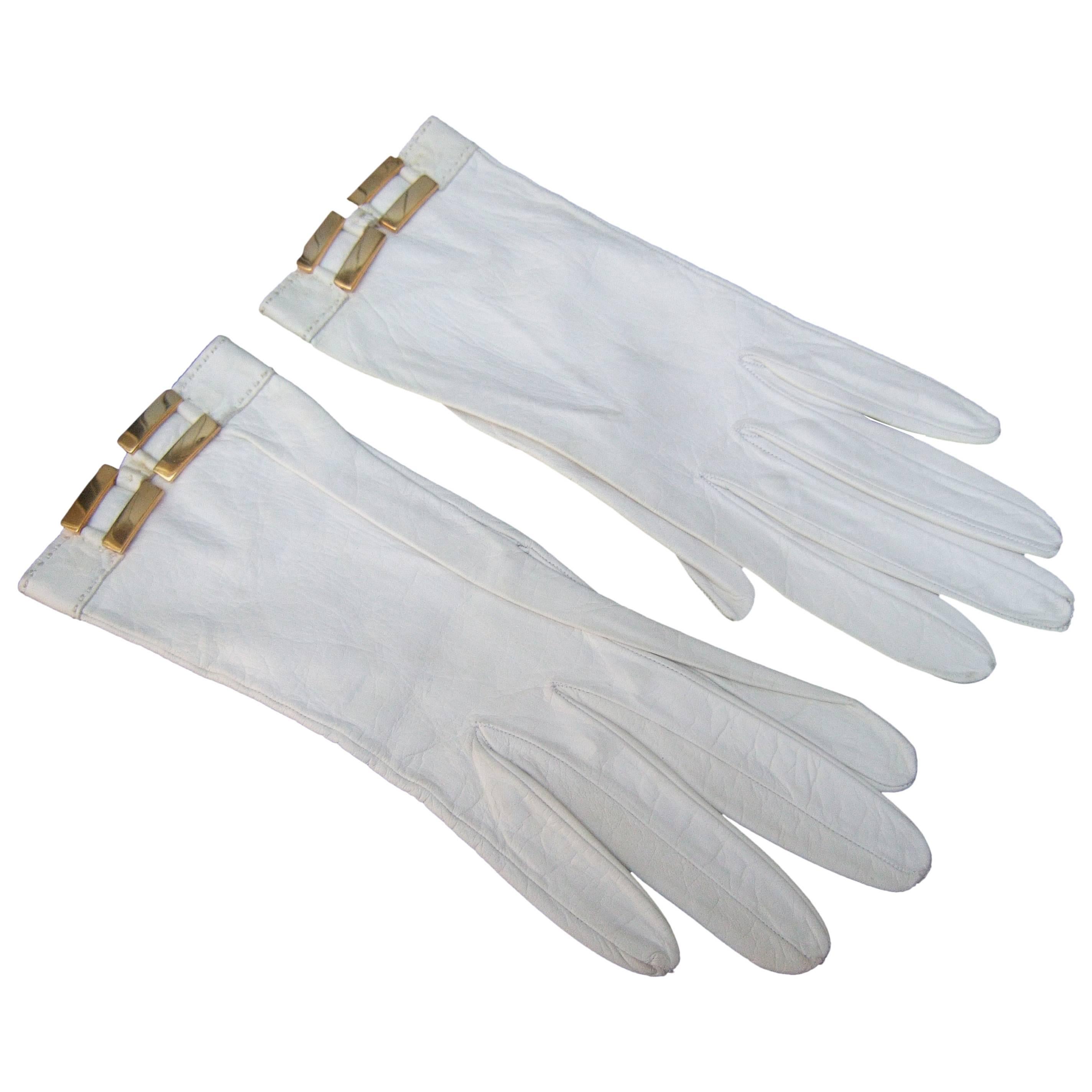 Hermes Paris White Kidskin Leather Gloves ca 1970s