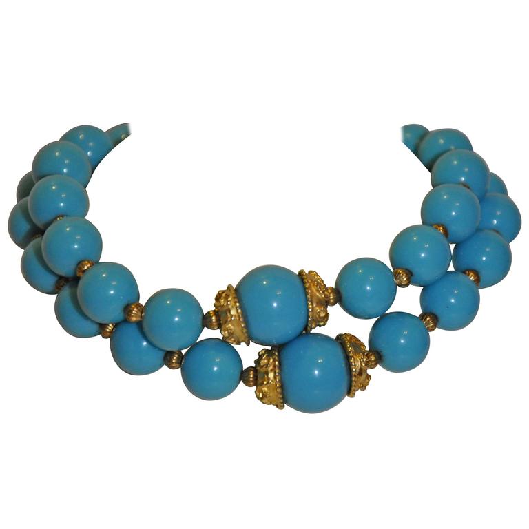 Kenneth Jay Lane Double Strand Turquoise and Vermeil Gold Tone Necklace For Sale