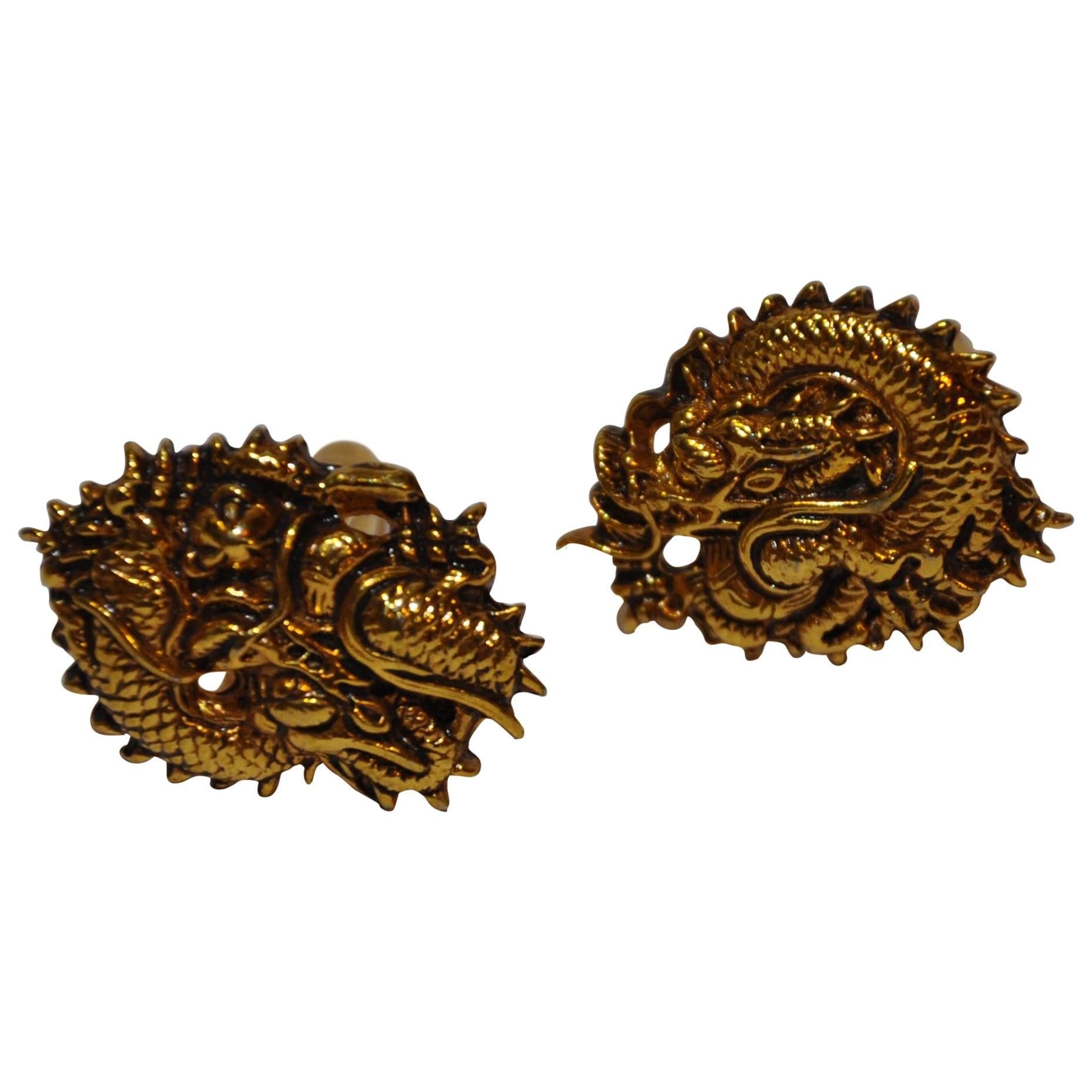 Signed Gilded Gold Vermeil Tone Hardware "Dragon" Cuff Links For Sale