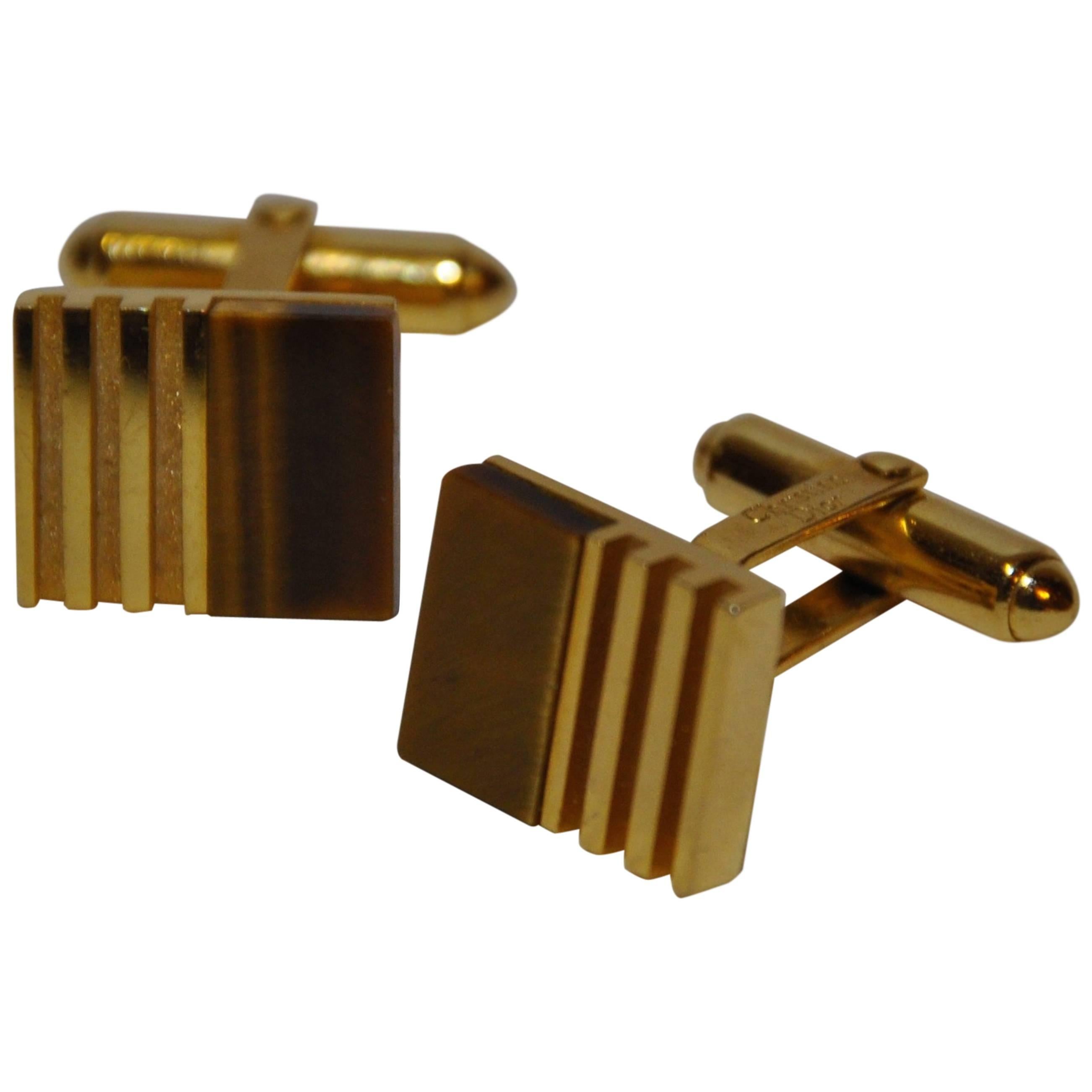 Christian Dior Thick Polished Gold Vermeil with "Tiger Eye" Cufflinks For Sale
