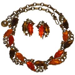 Retro Rare Lisner Gilded Gold Tone Hardware with Multi-Color Bakelite Necklace Set