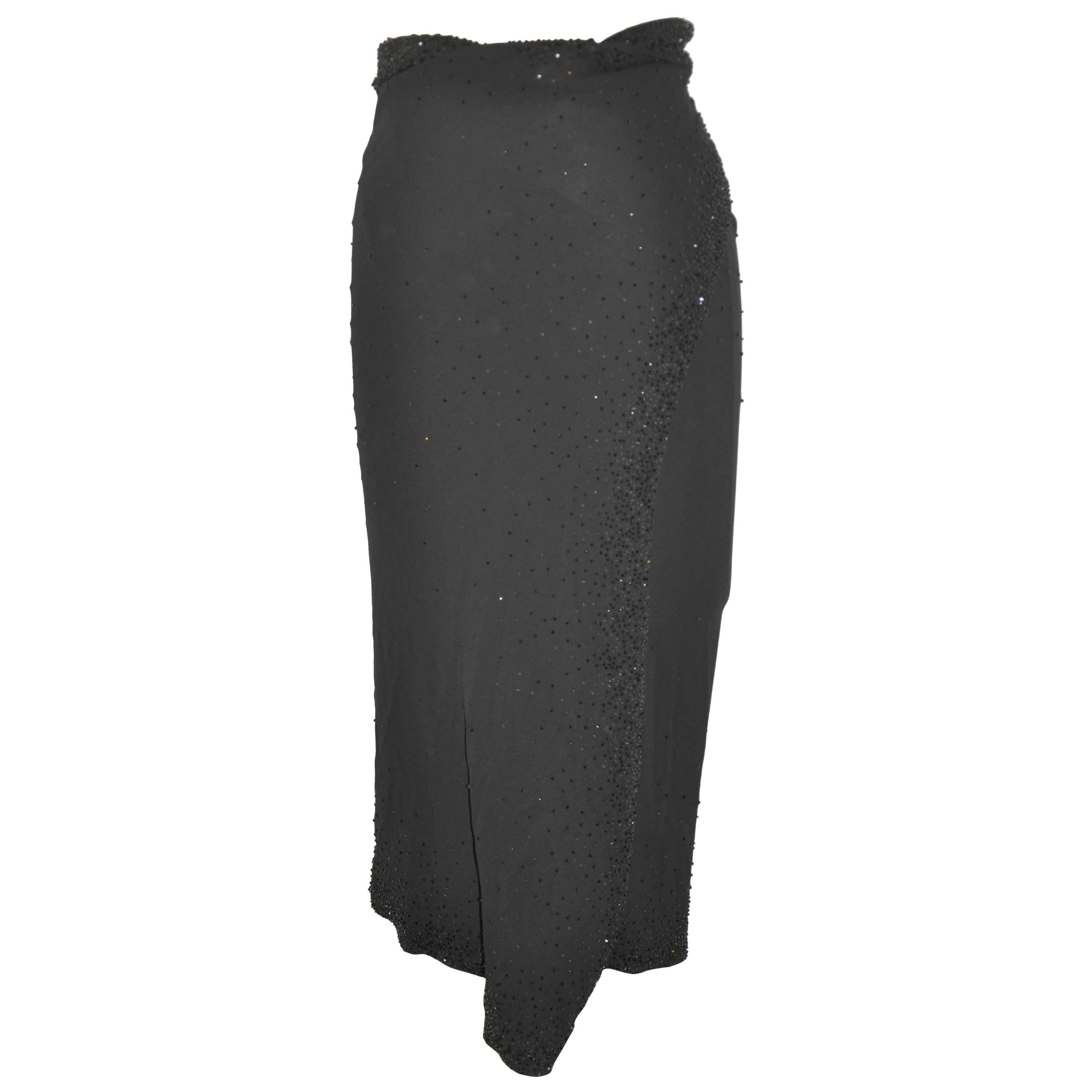 Donna Karan Elegant Black Silk Jersey Evening Wrap Skirt with Bead Accents For Sale