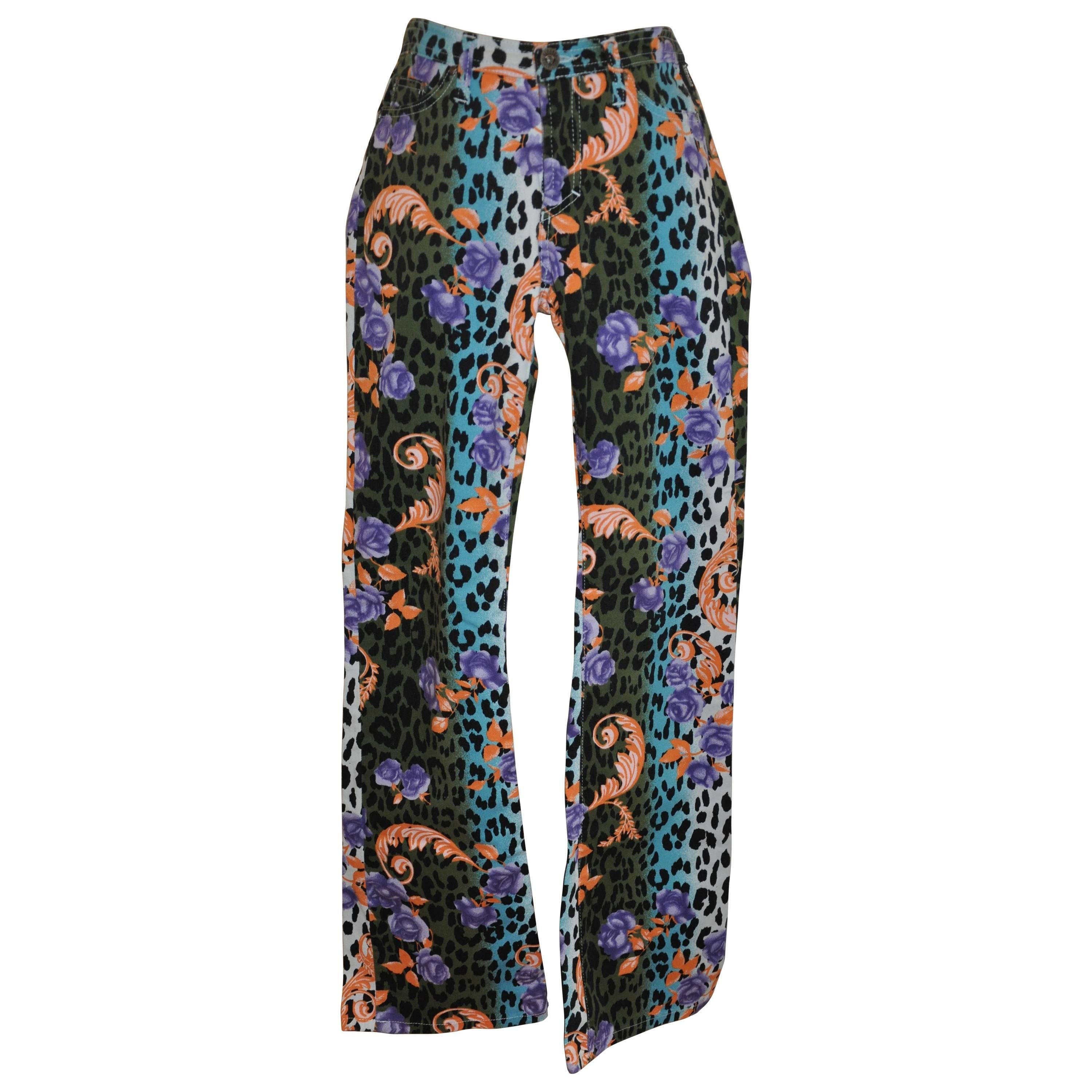 Gianni Versace Bold Multi-Color Leopard with Floral Print Stretch Jeans For Sale