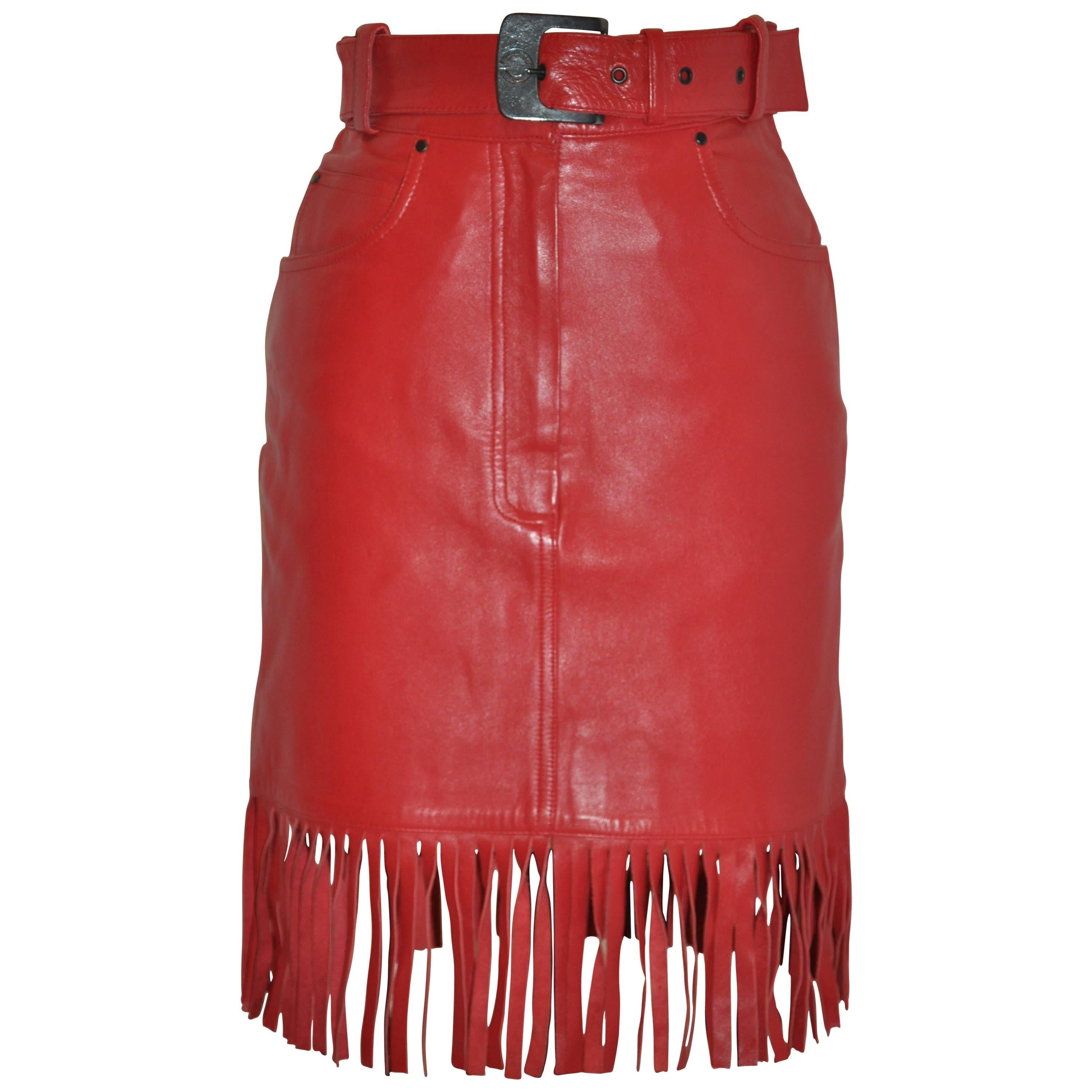Claude Montana "State of Claude Montana" Red Fringe Lambskin Belted Skirt For Sale