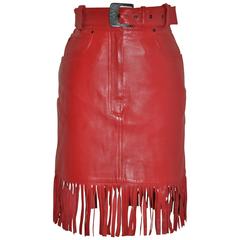 Retro Claude Montana "State of Claude Montana" Red Fringe Lambskin Belted Skirt