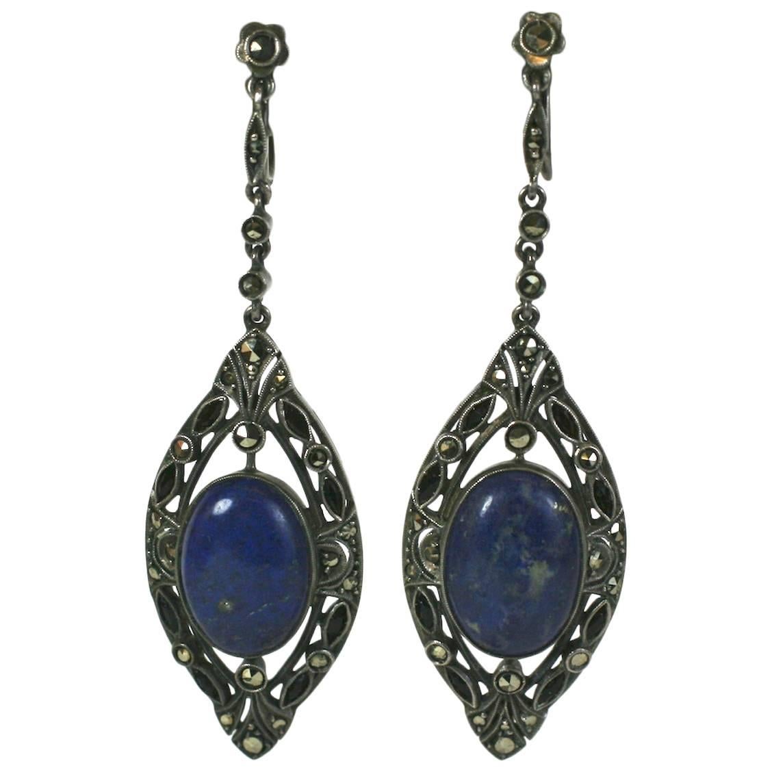 Art Deco Marcasite, Sodalite and Onyx Drop Earrings For Sale
