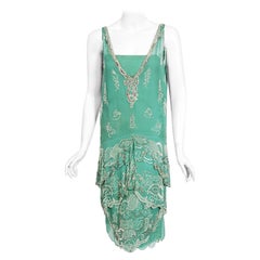 Vintage 1920's Jean Patou Haute Couture Attributed Seafoam Beaded Chiffon Dress 