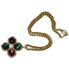 1980s Yves Saint Laurent Gripoix Glass Necklace with Center Pearl