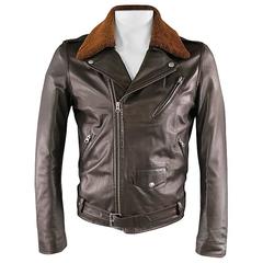 A.P.C. 42 Brown Soft Leather Detachable Faux Shearling Collar Biker Jacket