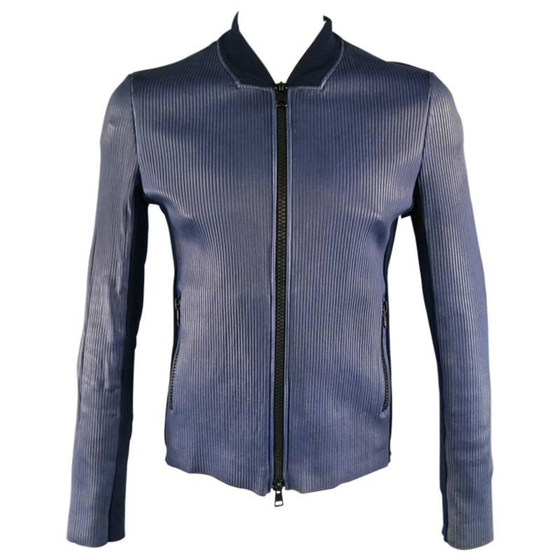 GUCCI 42 Navy Ribbed Leather Stretch Panel Biomber Jacket