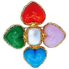 Vintage Chanel Poured Glass Hearts Cross Brooch ca.1990
