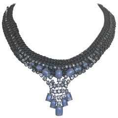 Vintage Light Blue Milk Stone & Rhinestone Collar - Custom Hand Crocheted