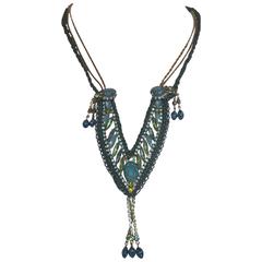 Custom Hand Crocheted Leather Applied to Vintage Turquoise, Blue Rhinestones Custom Hand Crocheted Leather Applied to Vintage Turquoise, Blue Rhinestones