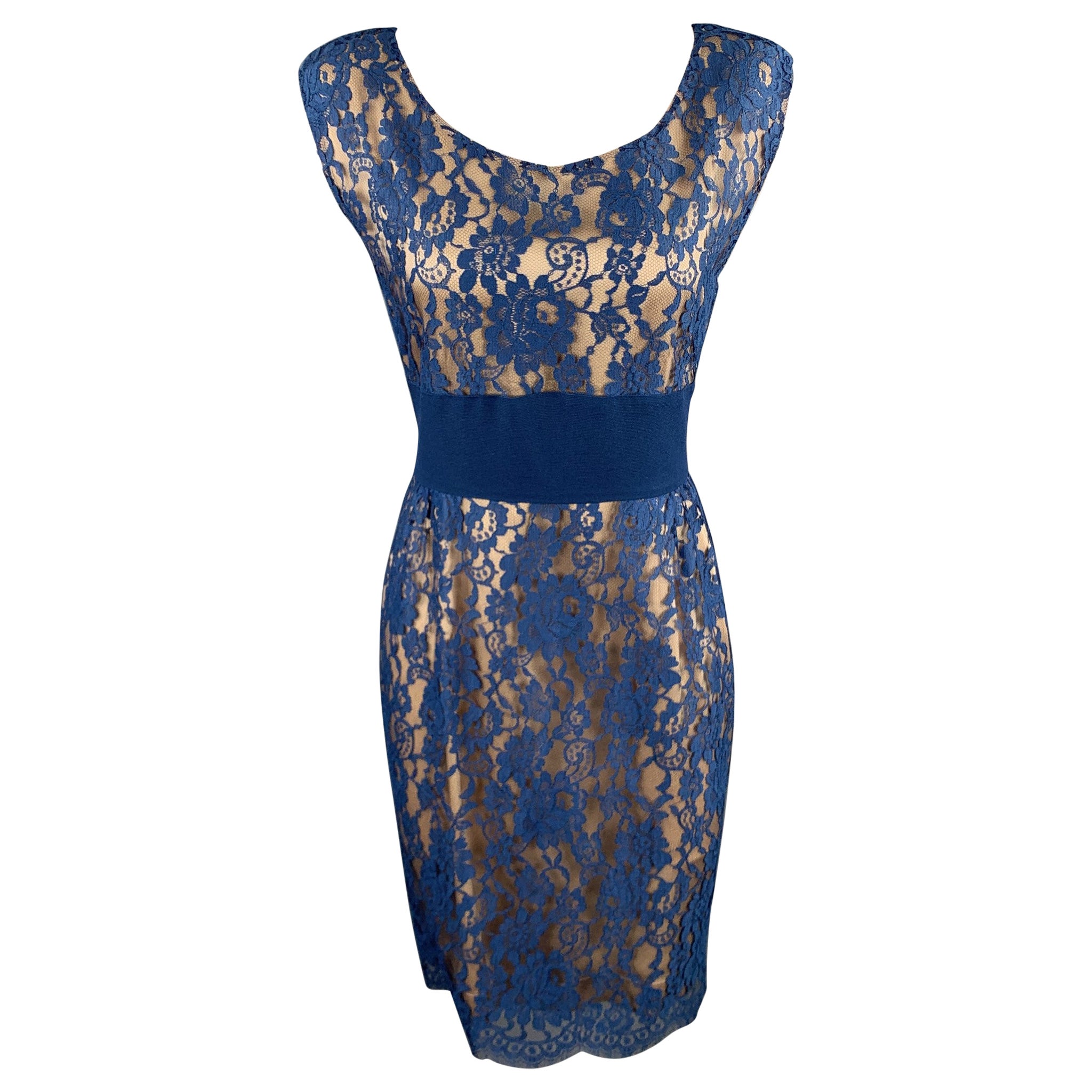 ROSANNA MANZONI Size 10 Blue Silk Lace Shift Cocktail Dress For Sale