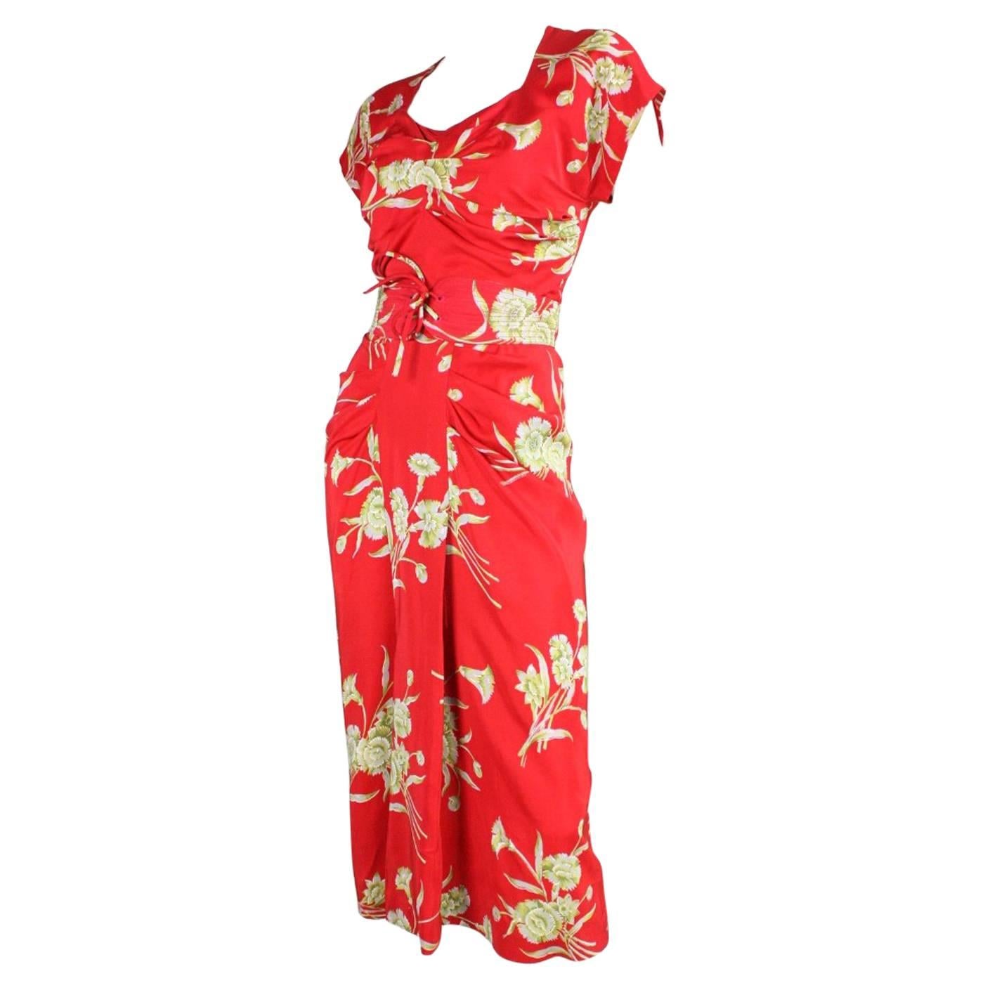 1940's Red Silk Floral Dress with Ruched Detailing