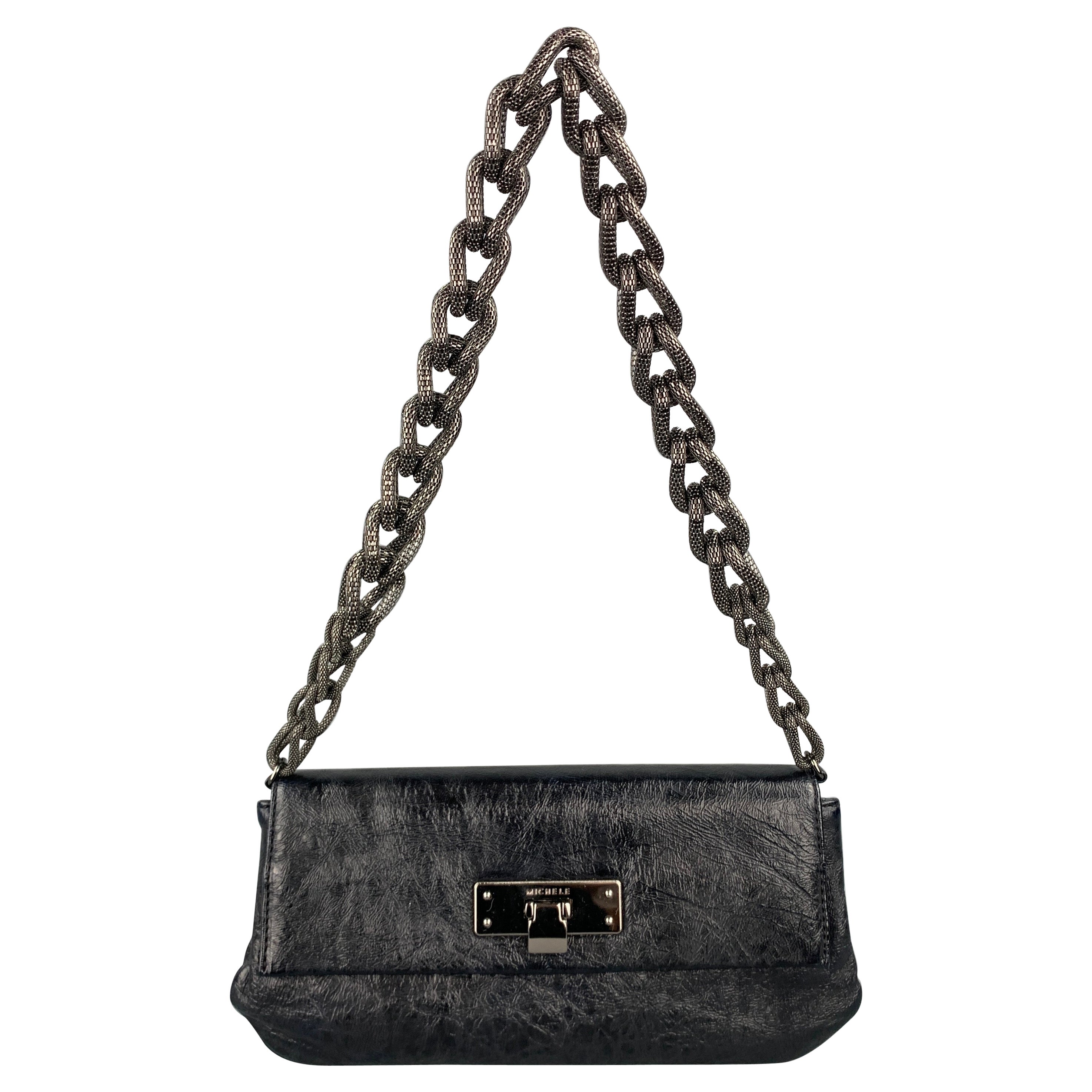 MICHELE Black Textured Leather Gun Metal Chain Handbag