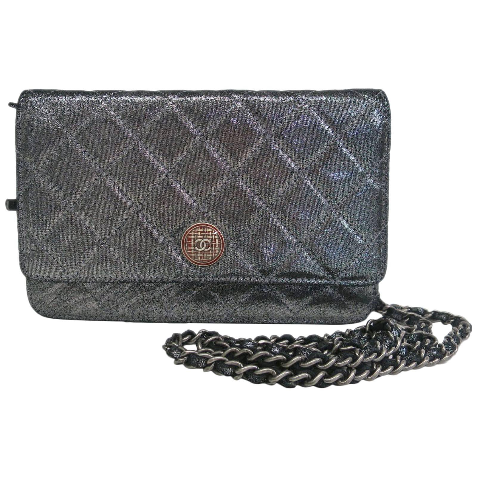 Chanel Gunmetal Metallic Flap Wallet on a Chain WOC Crossbody Shoulder Bag