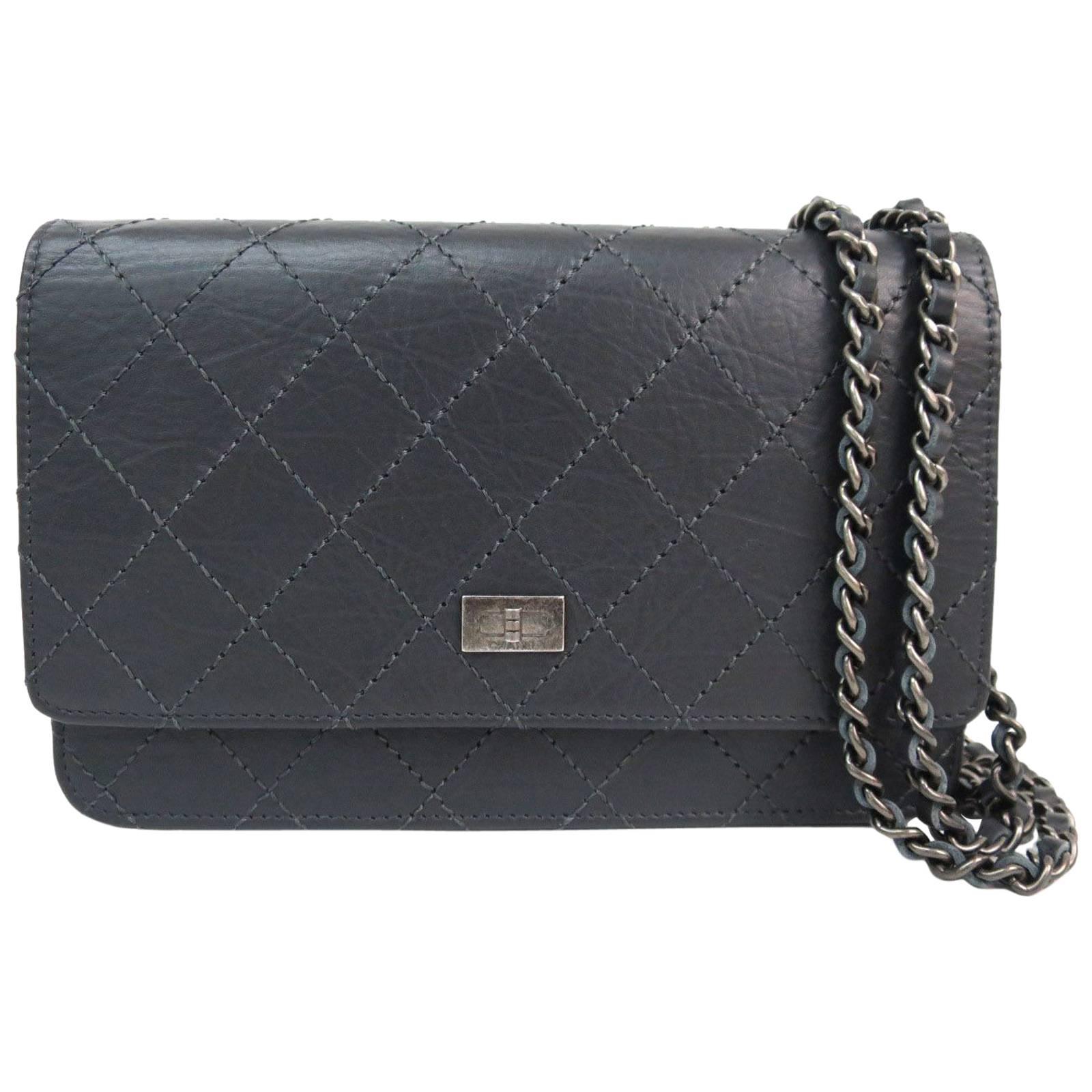 Chanel 2.55 Gunmetal Gray Calfskin Silver Chain Wallet on Chain WOC Shoulder Bag