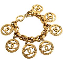Vintage Chanel Gold Metal CC Logo Medallion Chain Link Charm Bangle Bracelet