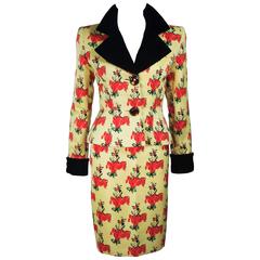 GIVENCHY COUTURE 1980s Yellow Portrait Print Silk Suit with Velvet Trim Size 2-4 8