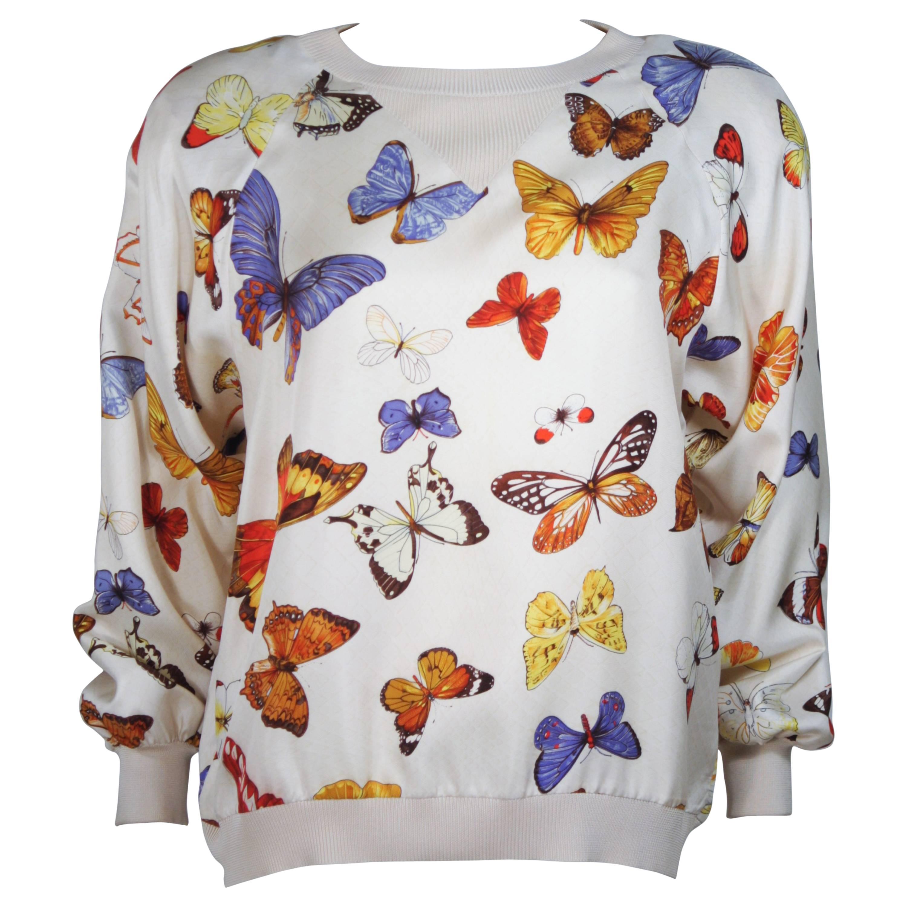 HERMES Cream Silk Butterfly Print Pull-Over Sweater Size 44