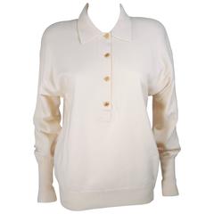 CHANEL Cream Cashmere Pull over Sweater with Gold Coin Buttons Size 38