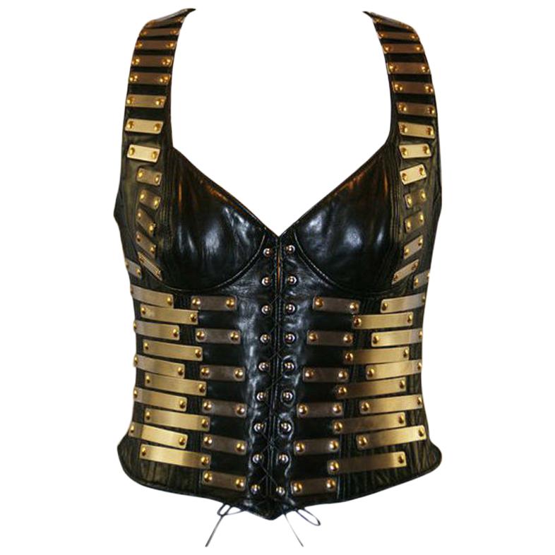 Jean Claude Jitrois Black Leather Metal Plate Bustier Bra Vest Top, 1990s 