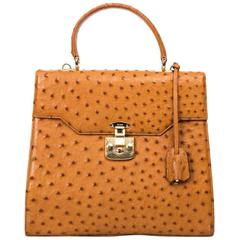 Retro Gucci Tan Ostrich Kelly Satchel Shoulder Bag with Gold Hardware
