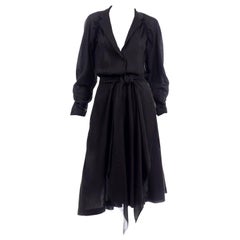 Retro Halston Black Cotton Voile 1970s Low V Neck Dress