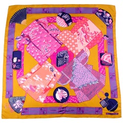 1986 Vintage Hermes Annie Faivre Kimonos Et Inros Gold, Purple & Pink Silk Scarf