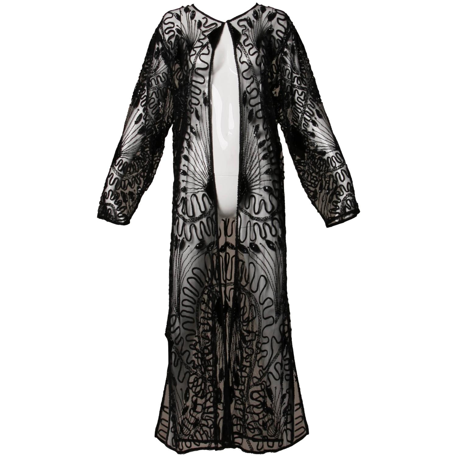 Vintage Long Sheer Black Mesh Sequin + Beaded Duster Coat at 1stdibs