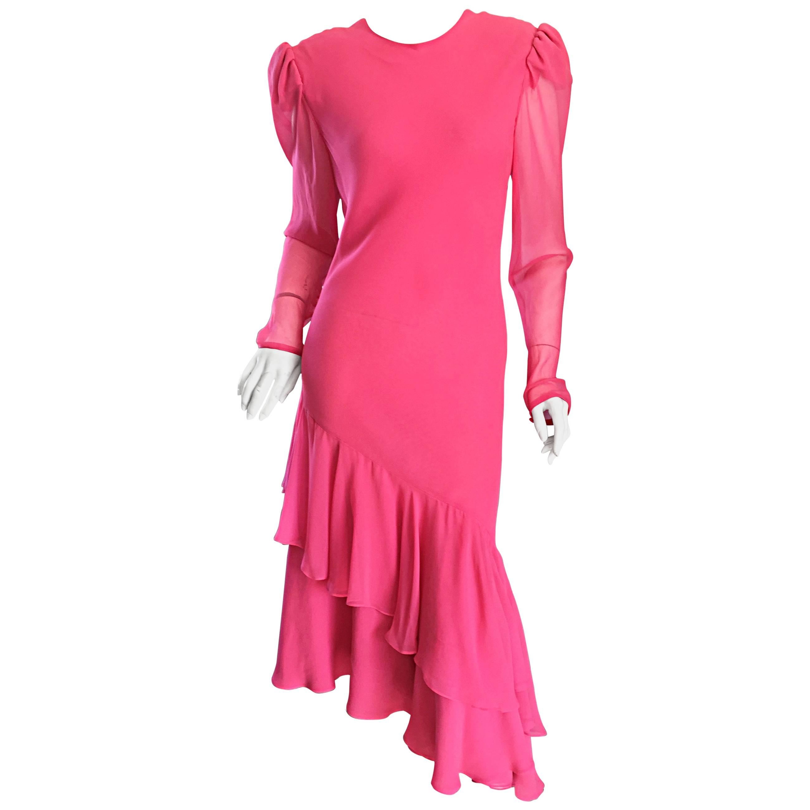Beautiful Vintage Carolina Herrera Pink Silk Chiffon Long Sleeve Ruffle Dress