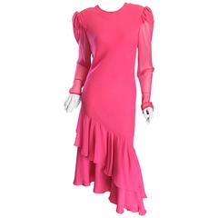 Beautiful Retro Carolina Herrera Pink Silk Chiffon Long Sleeve Ruffle Dress