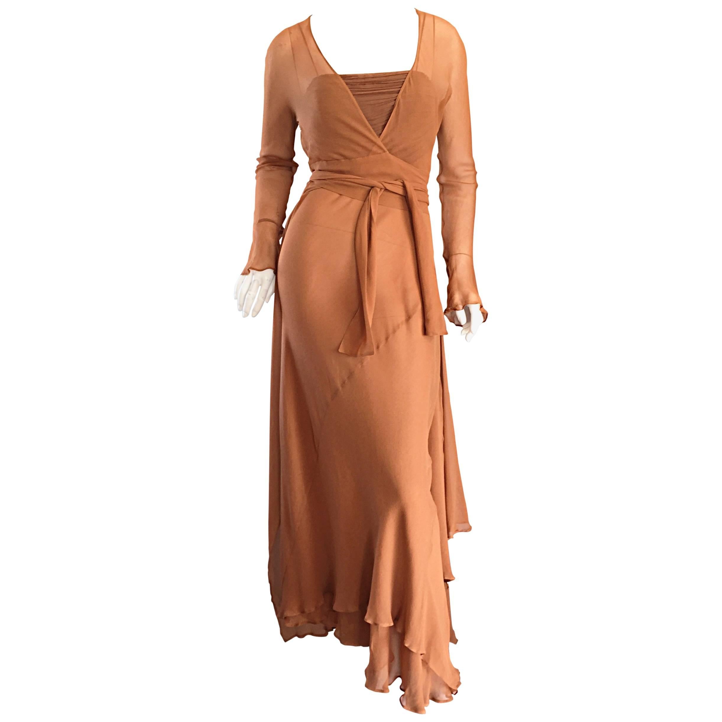 Alberta Ferretti Vintage Terra-Cotta Silk Chiffon Grecian Gown and Wrap Cardigan For Sale