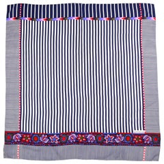 Gianni Versace Vintage Chevron-Blumenschal aus geblümter Seide mit blauen und weißen Streifen