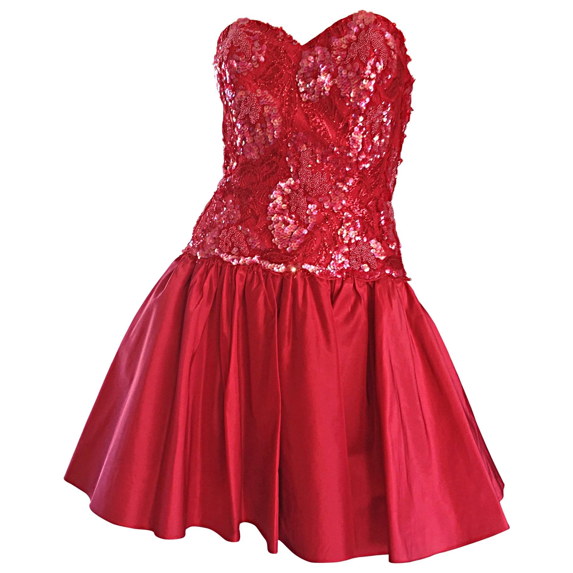 Joanna Mastroianni Beautiful Vintage 90s Candy Apple Red Strapless Sequin Dress For Sale