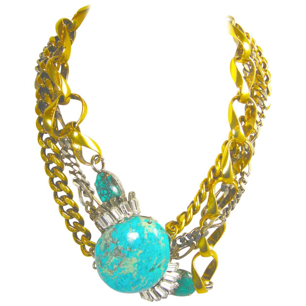 Vintage 1980s Iradj Moini Multi-Strand Turquoise and Crystal Link Necklace