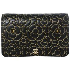 Chanel Black and Gold Lambskin Leather Camellia Wallet on a Chain Shoulder Bag