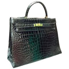 Vintage Kelly Style Black Crocodile Handbag