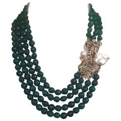 Vintage Bijoux Preziosi Green Agate and Keshi Pearl Multi Strand Neckace