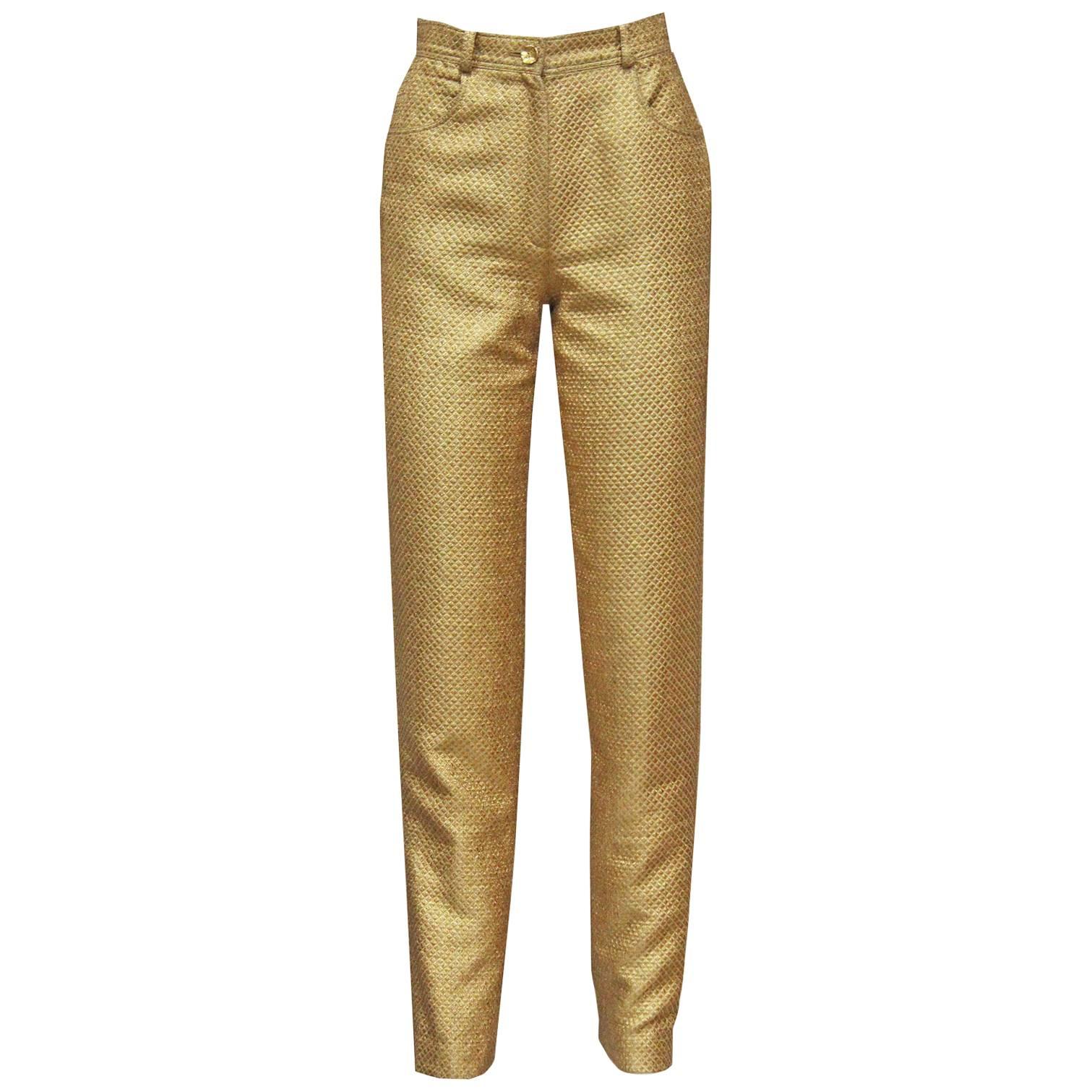 Emanuel Ungaro couture quilted gold lamé high waisted pants, c. 1980s For Sale