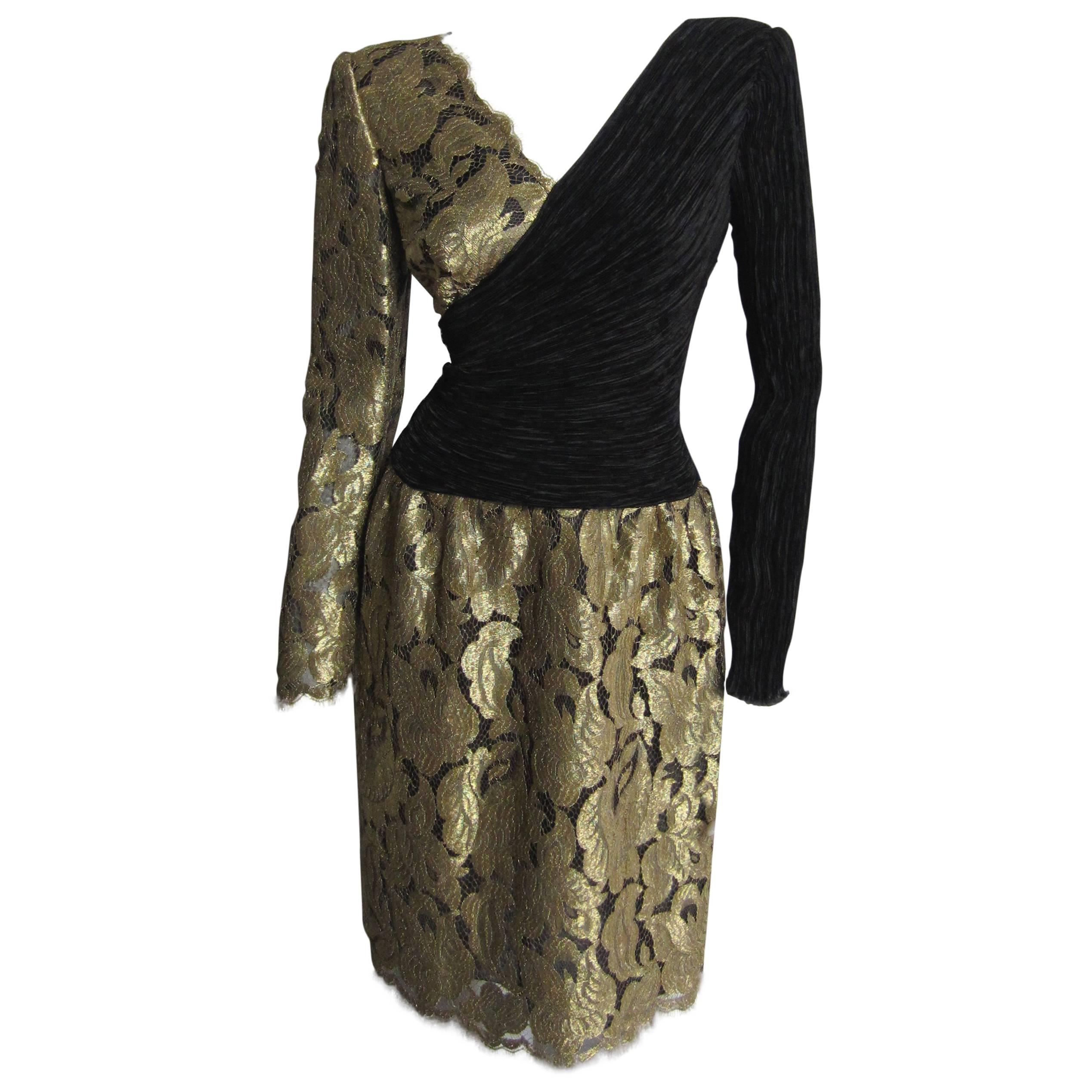 MARY MCFADDEN Gold Lace and Black Silk Cocktail Dress For Sale